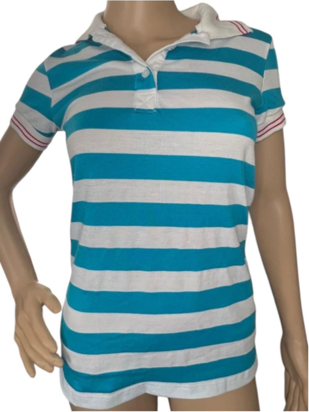 Alloy Blue And White Striped Short Sleeve Fitted Polo Shirt With Red Trim